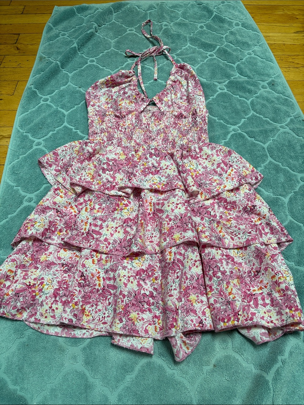 Pink Floral Tiered Halter Mini Dress
